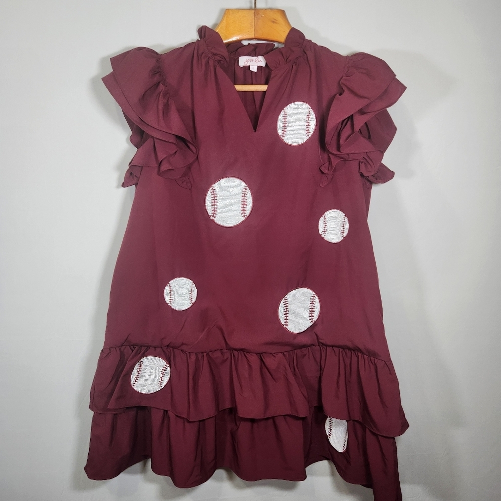 Maroon Baseball Print Ruffle Mini Dress - Picture 2 of 12